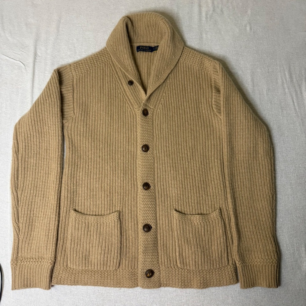 Polo Ralph Lauren Cardigan Women S Tan Wool Cashmere Shawl Collar Ribbed Knit - Picture 2 of 8